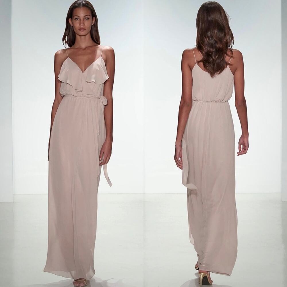 Nouvelle Amsale Taupe Beige Drew Ruffle Formal Bridesmaid Dress